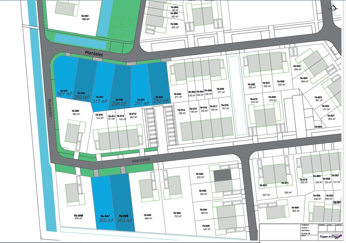 Een kaart van een deel van het Opbroek, waarop de kavels staan voor twee-onder-een-kapwoningen die tijdens de loting in december 2024 uitgegeven worden. Het zijn 8 kavels aan de Mantelet.