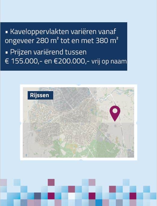 Kaart waarop de ligging van het Opbroek ten opzichte van Rijssen staat weergegeven. Hierbij de tekst: Kaveloppervlakten variëren vanaf ongeveer 280 m2 tot en met 380 m2. Prijzen vanriërend tussen € 155.000,- en € 200.000,- vrij op naam.